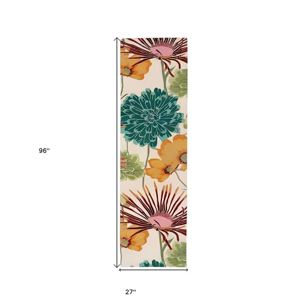 HomeRoots 8' Handmade Ivory Runner Rug with Red and Orange Floral Patterns - Unique, Durable, Stain-Resistant Design 552605