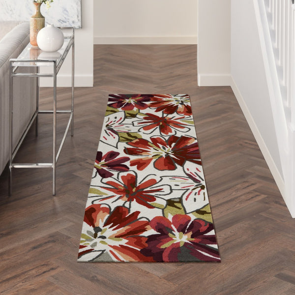 HomeRoots 8' Hand-Carved Botanical Runner Rug in Ivory, Green & Red - Stain-Resistant, Durable & Stylish Decor 552609