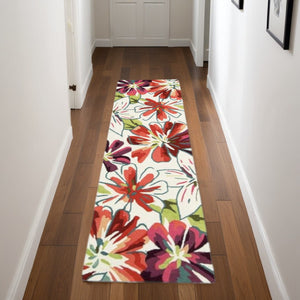 HomeRoots 8' Hand-Carved Botanical Runner Rug in Ivory, Green & Red - Stain-Resistant, Durable & Stylish Decor 552609