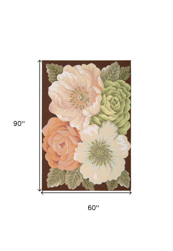 Homeroots 5' X 8' Brown And Green Floral Hand Hooked Area Rug  Polyester 552617