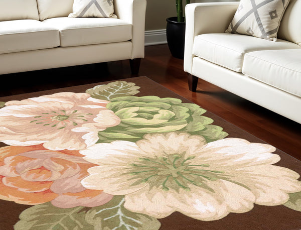 Homeroots 5' X 8' Brown And Green Floral Hand Hooked Area Rug  Polyester 552617