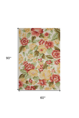 Homeroots 5' X 8' Red And Cream Floral Hand Carved Handmade Area Rug  Polyester 552621