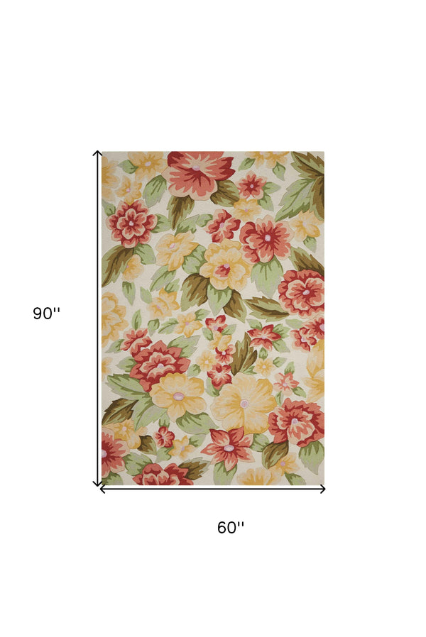 Homeroots 5' X 8' Red And Cream Floral Hand Carved Handmade Area Rug  Polyester 552621