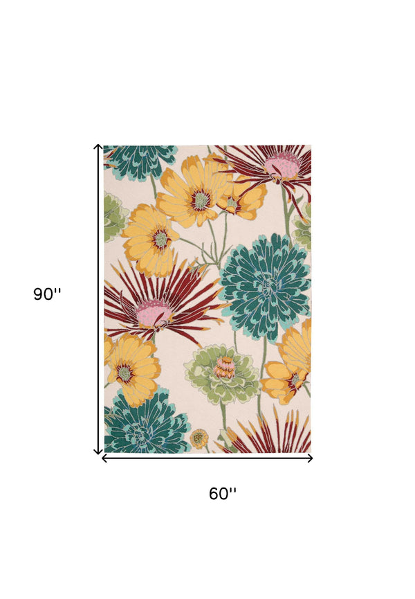 Homeroots 5' X 8' Ivory Red And Orange Floral Hand Carved Handmade Area Rug  Polyester 552622