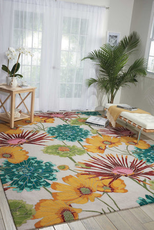 HomeRoots 5' Handmade Floral Area Rug in Ivory, Red, and Orange - Hand-Carved, Stain Resistant, and Durable 5' X 8' 552622