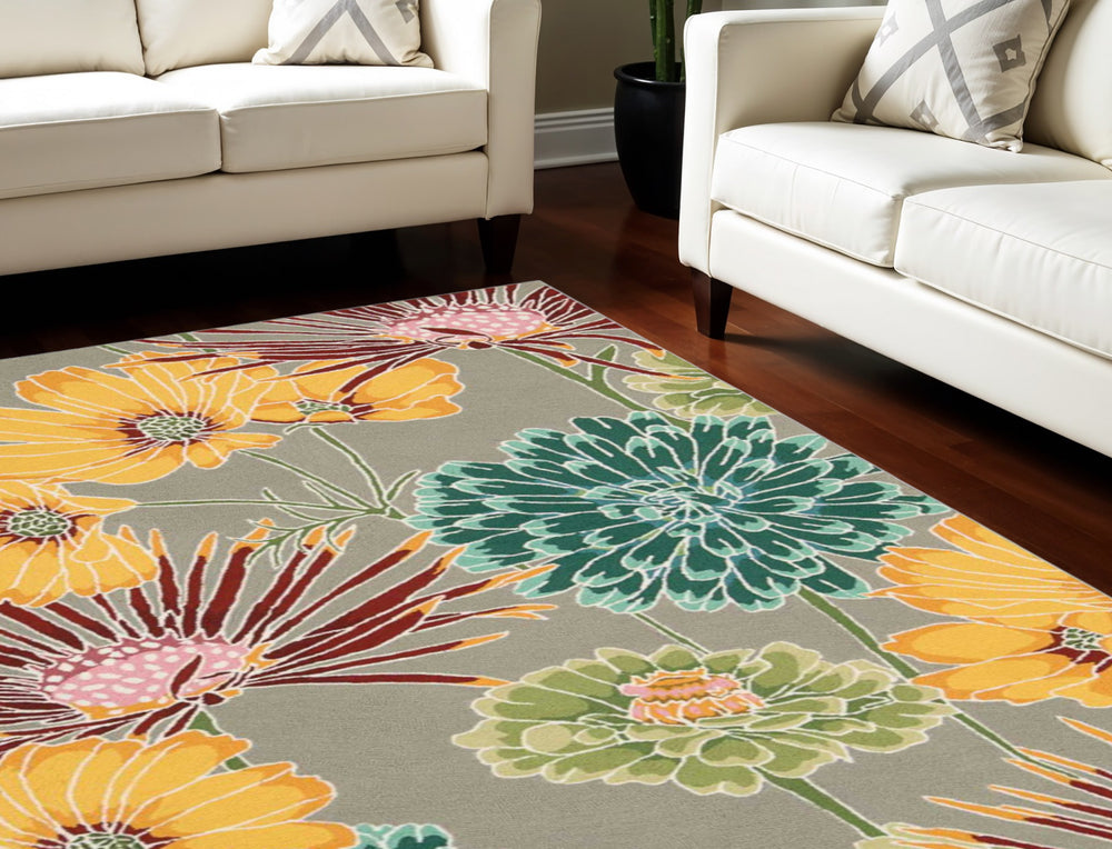 Homeroots 5' X 8' Gray Red And Yellow Floral Hand Carved Handmade Area Rug  Polyester 552624