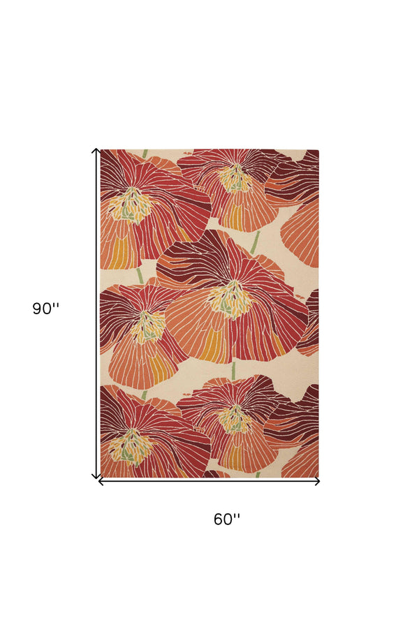 Homeroots 5' X 8' Ivory And Sunset Floral Hand Hooked Area Rug  Polyester 552626