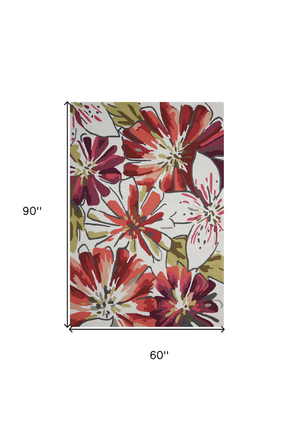 Homeroots 5' X 8' Ivory Green And Red Floral Hand Carved Handmade Area Rug  Polyester 552627