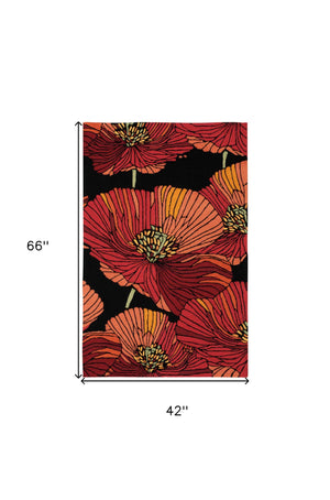 Homeroots 4' X 6' Black And Red Floral Hand Hooked Area Rug  Polyester 552630