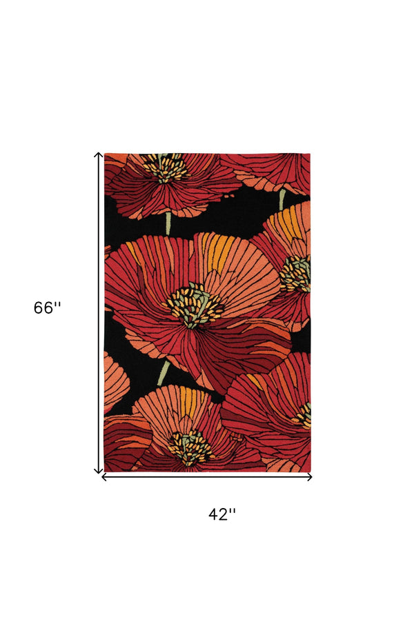 Homeroots 4' X 6' Black And Red Floral Hand Hooked Area Rug  Polyester 552630
