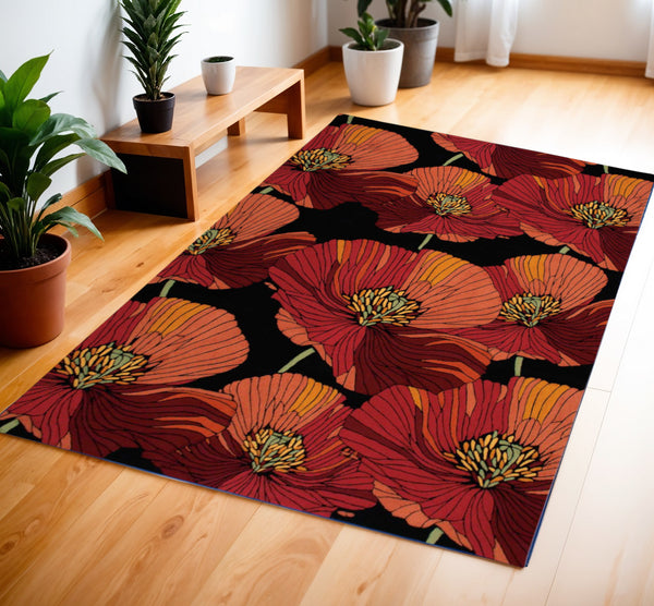 Homeroots 4' X 6' Black And Red Floral Hand Hooked Area Rug  Polyester 552630