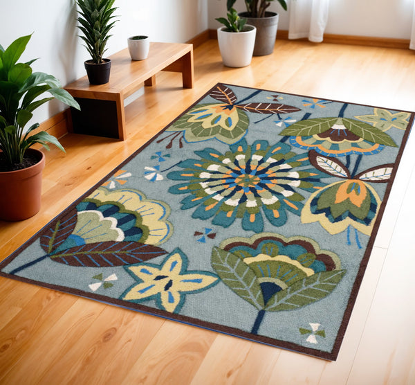 Homeroots 4' X 6' Blue And Green Floral Hand Carved Handmade Area Rug  Polyester 552631