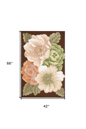 Homeroots 4' X 6' Brown And Green Floral Hand Hooked Area Rug  Polyester 552632