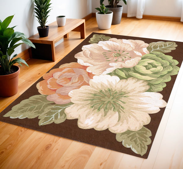 Homeroots 4' X 6' Brown And Green Floral Hand Hooked Area Rug  Polyester 552632