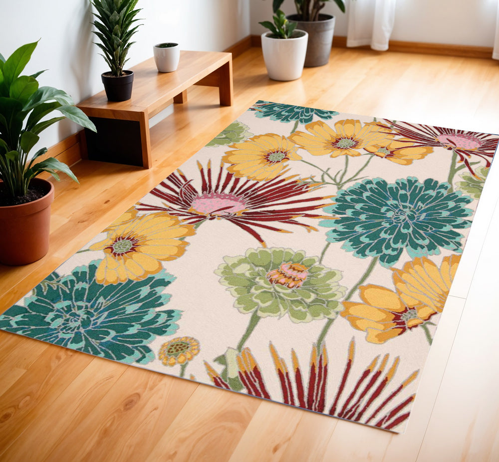 Homeroots 4' X 6' Ivory Red And Orange Floral Hand Carved Handmade Area Rug  Polyester 552637