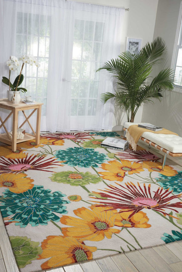 HomeRoots 5' Handmade Floral Area Rug in Ivory, Red, and Orange - Hand-Carved, Stain Resistant, and Durable 4' X 6' 552637