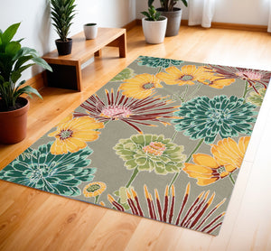 Homeroots 4' X 6' Gray Red And Yellow Floral Hand Carved Handmade Area Rug  Polyester 552639