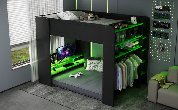 English Elm Full Size Gaming Bunk Bed with Rgb Lighting Integrated Desk Wardrobe and Storage Green LT100266AAG