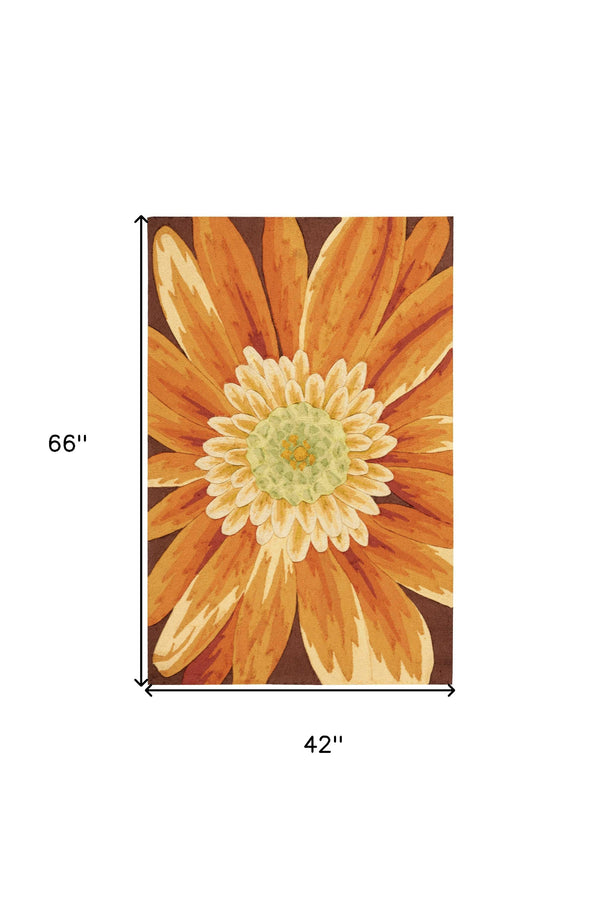 Homeroots 4' X 6' Brown Orange And Yellow Floral Hand Carved Handmade Area Rug  Polyester 552640