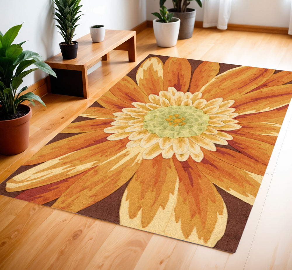 Homeroots 4' X 6' Brown Orange And Yellow Floral Hand Carved Handmade Area Rug  Polyester 552640
