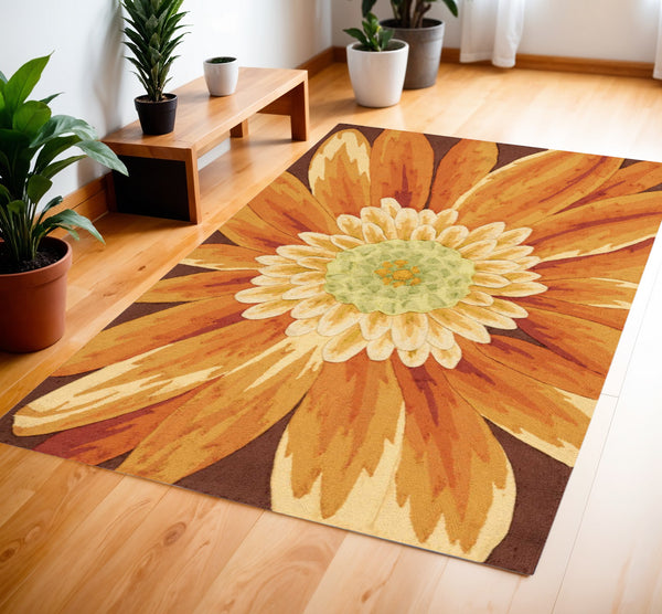 Homeroots 4' X 6' Brown Orange And Yellow Floral Hand Carved Handmade Area Rug  Polyester 552640