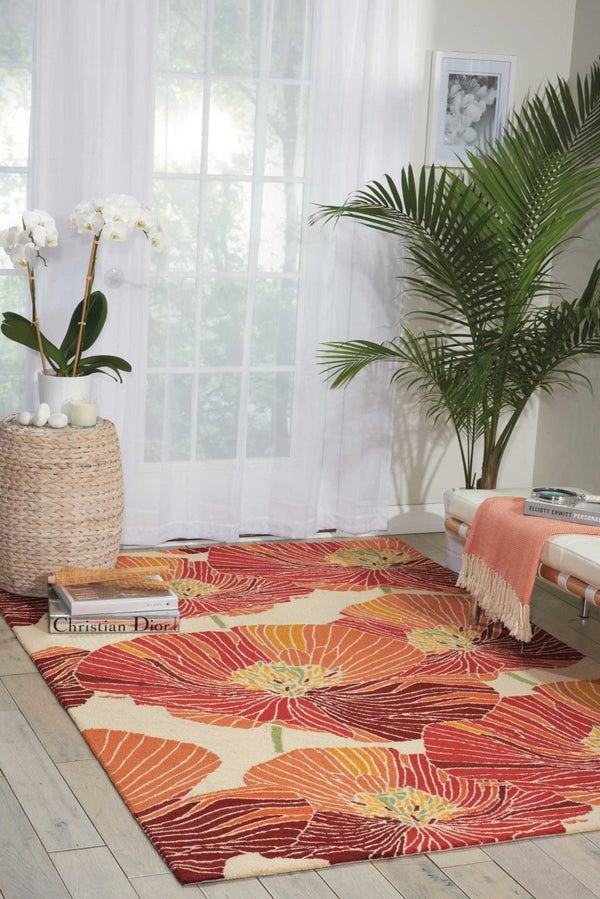 HomeRoots 8' Hand-Hooked Floral Area Rug in Ivory and Sunset – Durable, Stain-Resistant, and Stylish Decor Piece 4' X 6' 552641