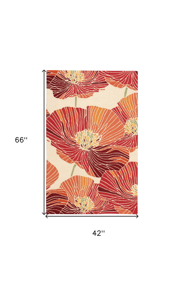 Homeroots 4' X 6' Ivory And Sunset Floral Hand Hooked Area Rug  Polyester 552641