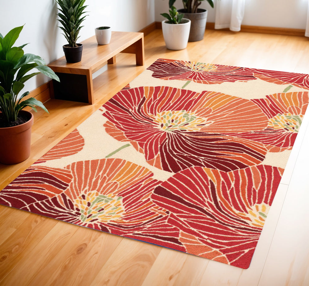 Homeroots 4' X 6' Ivory And Sunset Floral Hand Hooked Area Rug  Polyester 552641