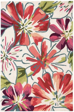 HomeRoots 8' Hand-Carved Handmade Area Rug in Ivory with Green and Red Floral Design - Timeless Elegance 4' X 6' 552642