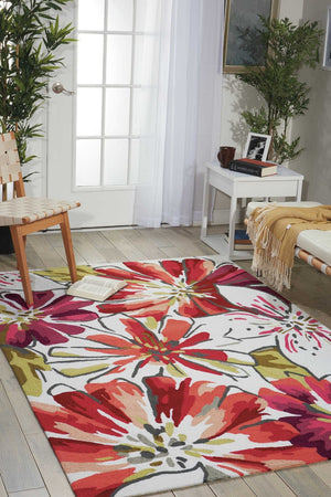 HomeRoots 8' Hand-Carved Handmade Area Rug in Ivory with Green and Red Floral Design - Timeless Elegance 4' X 6' 552642