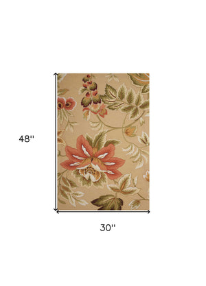 Homeroots 3' X 4' Beige And Red Botanical Leaves Hand Carved Handmade Area Rug  Polyester 552643