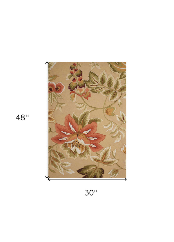 Homeroots 3' X 4' Beige And Red Botanical Leaves Hand Carved Handmade Area Rug  Polyester 552643