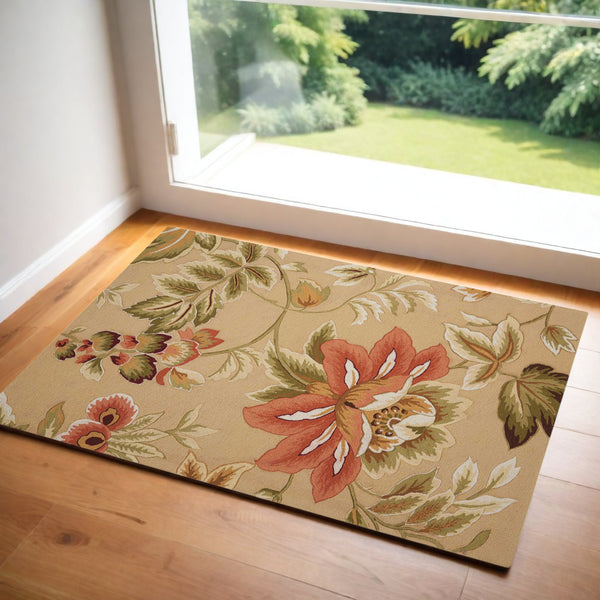 Homeroots 3' X 4' Beige And Red Botanical Leaves Hand Carved Handmade Area Rug  Polyester 552643