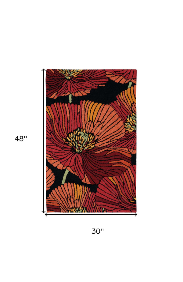Homeroots 3' X 4' Black And Red Floral Hand Hooked Area Rug  Polyester 552645