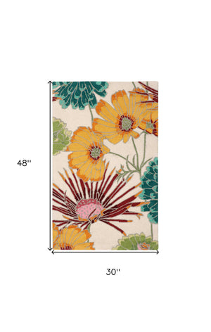 Homeroots 3' X 4' Ivory Red And Orange Floral Hand Carved Handmade Area Rug  Polyester 552652