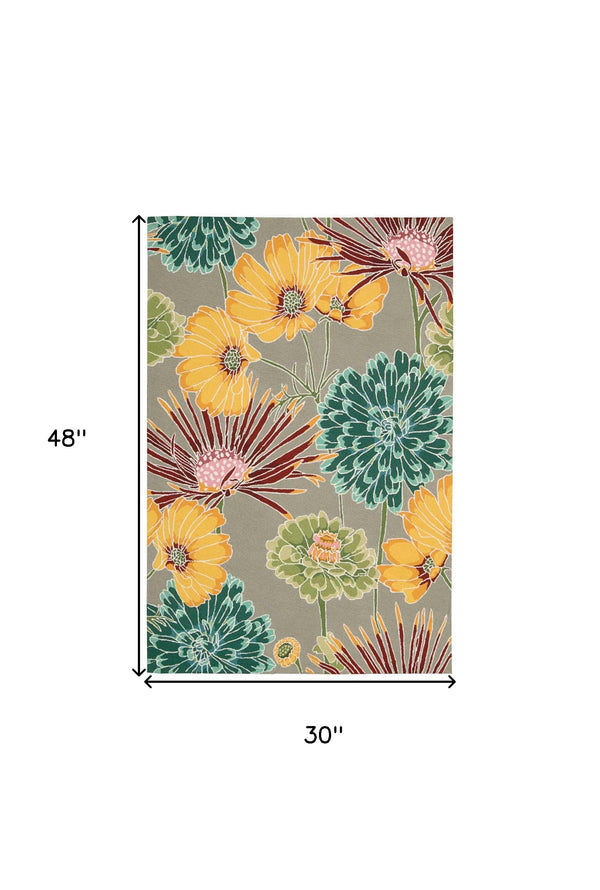 Homeroots 3' X 4' Gray Red And Yellow Floral Hand Carved Handmade Area Rug  Polyester 552654