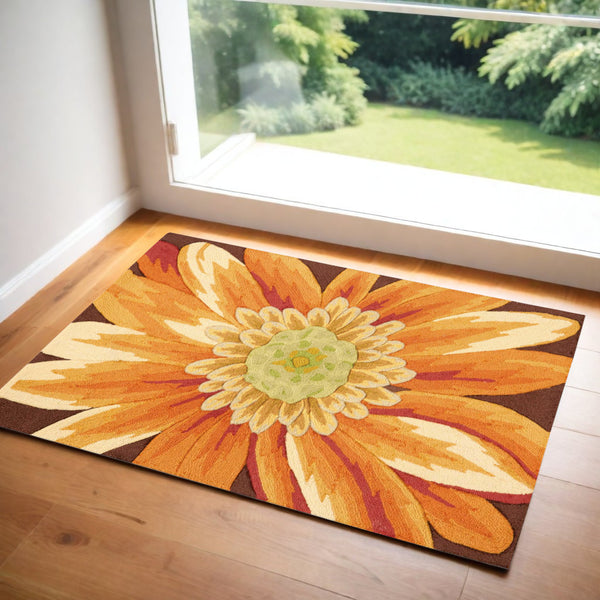 Homeroots 3' X 4' Brown Orange And Yellow Floral Hand Carved Handmade Area Rug  Polyester 552655