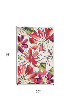 Homeroots 3' X 4' Ivory Green And Red Floral Hand Carved Handmade Area Rug  Polyester 552657