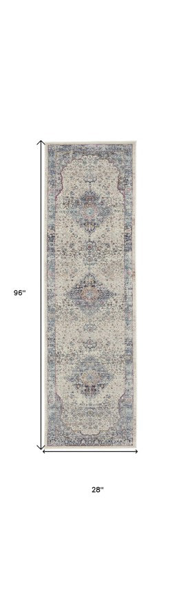 Homeroots 8' Ivory Blue And Orange Floral Distressed Runner Rug – Durable, Stain Resistant & Stylish Accent Piece  Polypropylene 552682