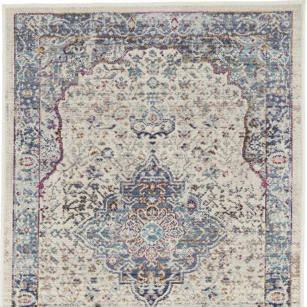 Homeroots 8' Ivory Blue And Orange Floral Distressed Runner Rug – Durable, Stain Resistant & Stylish Accent Piece  Polypropylene 552682