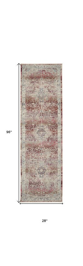 Homeroots 8' Stylish Ivory Red And Brown Floral Distressed Runner Rug – Durable, Stain Resistant For Any Space!  Polypropylene 552683