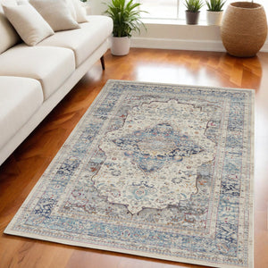 Homeroots 5' X 8' Ivory Blue And Orange Floral Distressed Area Rug - Durable, Stain Resistant, Stylish Accent Piece  Polypropylene 552684