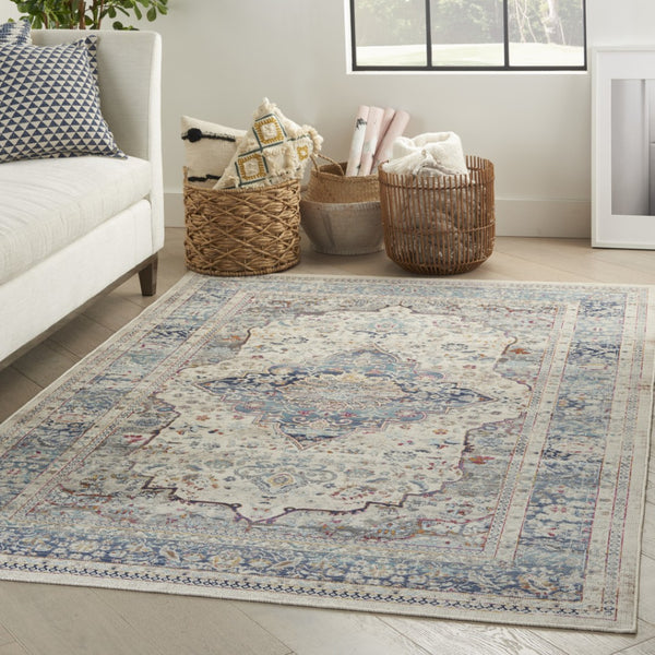 HomeRoots 8' Timeless Transitional Ivory Blue Orange Floral Medallion Area Rug for Stylish Living Spaces 5' X 8' 552684