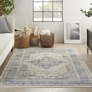 HomeRoots 8' Timeless Transitional Ivory Blue Orange Floral Medallion Area Rug for Stylish Living Spaces 5' X 8' 552684