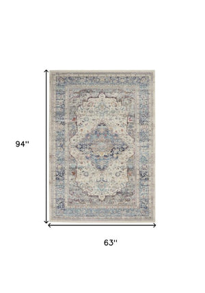 Homeroots 5' X 8' Ivory Blue And Orange Floral Distressed Area Rug - Durable, Stain Resistant, Stylish Accent Piece  Polypropylene 552684
