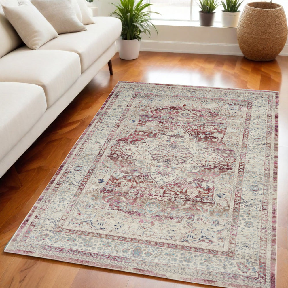 Homeroots 5' X 8' Elegant Ivory Red Brown Floral Distressed Area Rug - Durable, Stain-resistant & Stylish!  Polypropylene 552685
