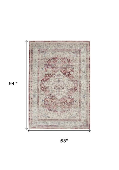 Homeroots 5' X 8' Elegant Ivory Red Brown Floral Distressed Area Rug - Durable, Stain-resistant & Stylish!  Polypropylene 552685