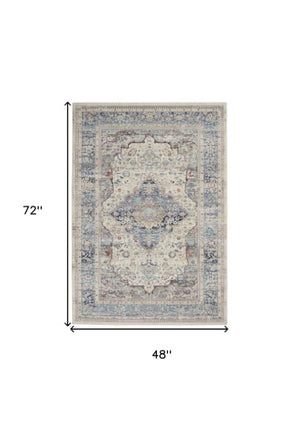 Homeroots 4' X 6' Ivory Blue And Orange Floral Distressed Area Rug – Durable, Stain-resistant, Stylish Design!  Polypropylene 552688
