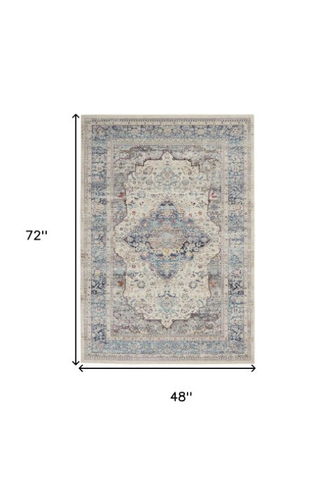 Homeroots 4' X 6' Ivory Blue And Orange Floral Distressed Area Rug – Durable, Stain-resistant, Stylish Design!  Polypropylene 552688