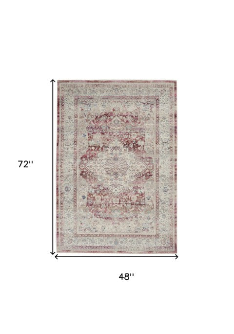 Homeroots 4' X 6' Ivory Red And Brown Floral Distressed Area Rug - Stain Resistant, Durable, Perfect For Kids & Pets  Polypropylene 552689